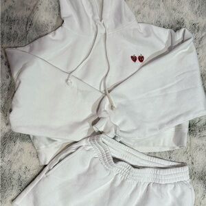 PINK White Hoodie and Short Lounge Set with Strawberry Embroidery